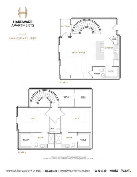 Floor plan for 2 beds, 2.5 baths, 1678 sqft